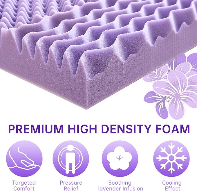 MUXHOMO 3 Inch 7-Zone Twin Mattress Topper, Egg Crate Foam Mattress Topper Twin Size for Back Pain, Lavender Cooling Gel Infused Bed Pad, CertiPUR-US and Oeko-TEX Certification (38"×75")