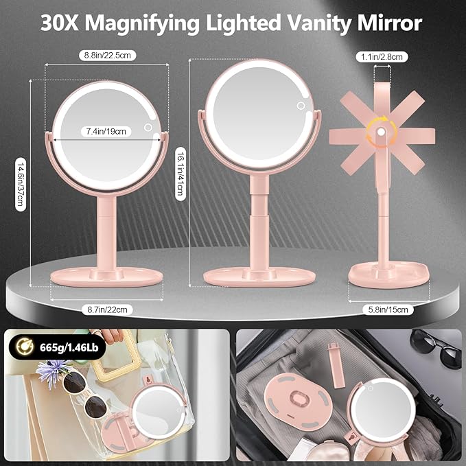 MIYADIVA Makeup Mirror with Lights, 20X Magnifying Mirror with Light and Touch Switch, Vanity Mirror with 3 Color Light and 80 LEDs, Height Adjustable Desk Mirror with Light, Pink