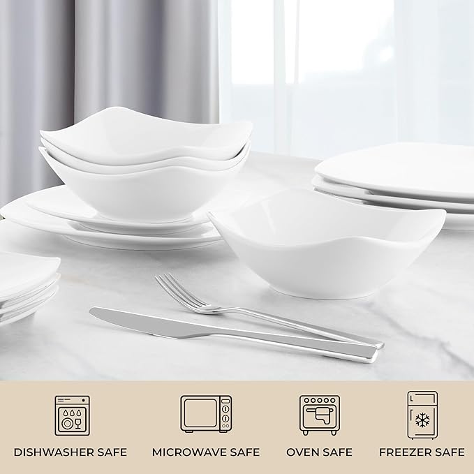 Zulay Kitchen Luna Plates and Bowls Sets, 12 Piece Modern Porcelain Dish Set for 4, Chip and Scratch Resistant Square Dinnerware Set, Microwave and Dishwasher Safe, Pearl White