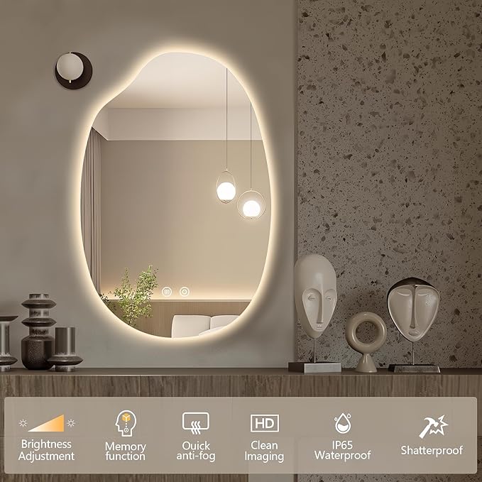 42"x28" Asymmetrical Led Mirror for Bathroom, Irregular Backlit Vanity Mirror with Lights, Frameless Smart Mirror, 3 Colors Stepless Dimmable, Anti-Fog, Memory, CRI95+, Horizontal/Vertical