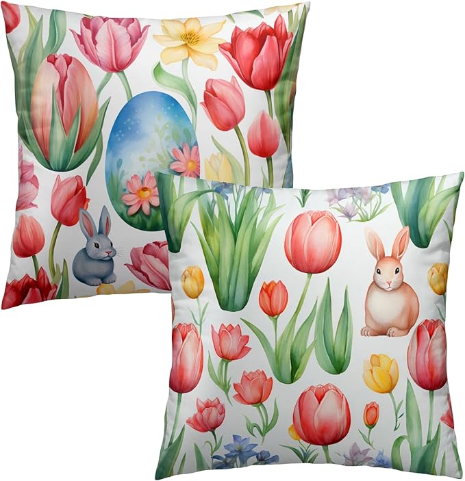 Easter Day Throw Pillow Covers - Sping Bunny Pillow Covers 20x20 Inch Set of 2 Floral Rabbit Pillowcase Colored Tulip Flower Cushion Cover for Couch Sofa Garden Patio