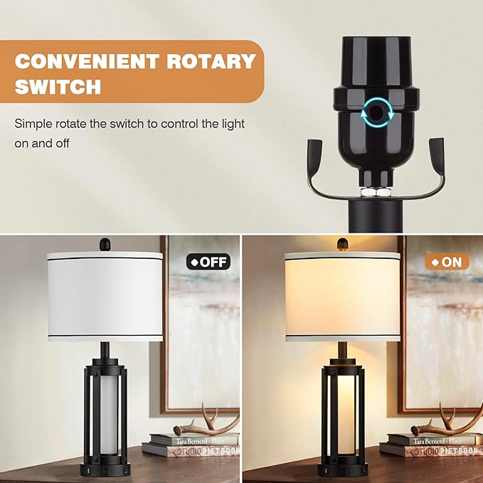 26" Modern Table Lamp with USB A+C Charging Ports & AC Outlet, Industrial Beside Contemporary Lamp Glass LED Night Light for Living Room Bedroom Nightstand End Table Single Black(2 Bulbs Included)