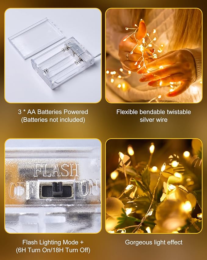 Fairy Lights Battery Operated, 60 LED Fairy String Lights Waterproof Silver Wire 5 Feet Firecracker Starry Light for DIY Wreath Home Wedding Party Bedroom Mason Jar Holiday Christmas Decorations