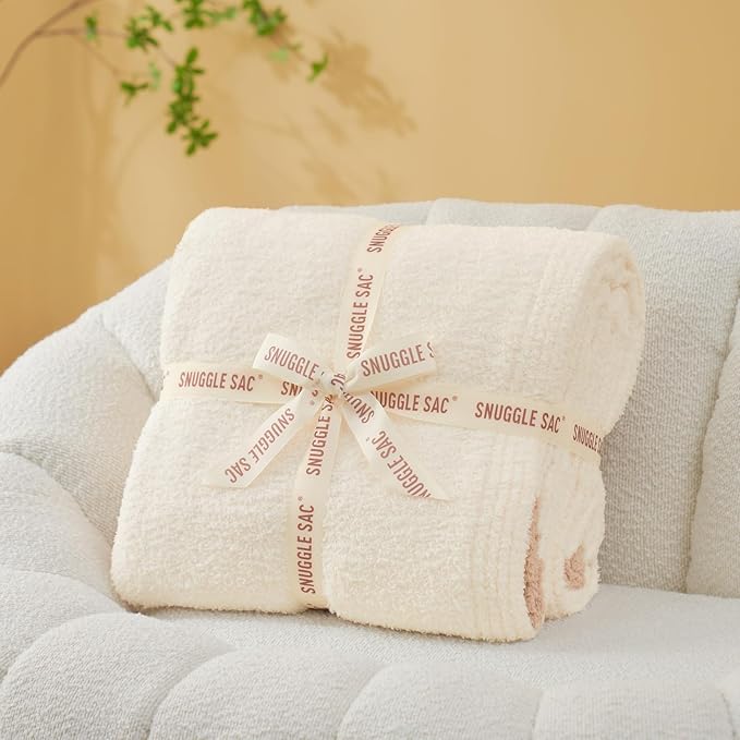 Snuggle Sac Cream Bedding Blankets Queen Size 90x90 inches, Reversible Microfiber Fluffy Fuzzy Soft Throw Cozy Knit Blanket for Women Mothers Birthday Gifts