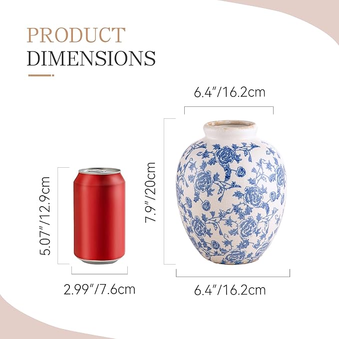 Ceramic Flower Vase, Blue and White Vintage Decorative Vase Chinoiserie Decor Rustic Farmhouse Retro Floral Vases for Table Bookshelf Mantel Kitchen Living Room Office - 7.8inch Blue