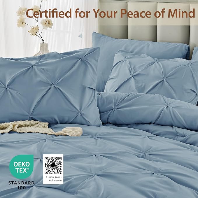Sasttie King Size Comforter Set, 7-Piece Bed in a Bag, Pintuck Bedding Set for All Season, Includes Comforter, Flat Sheet, Fitted Sheet, Pillowcases and Pillowshams, Slate Blue