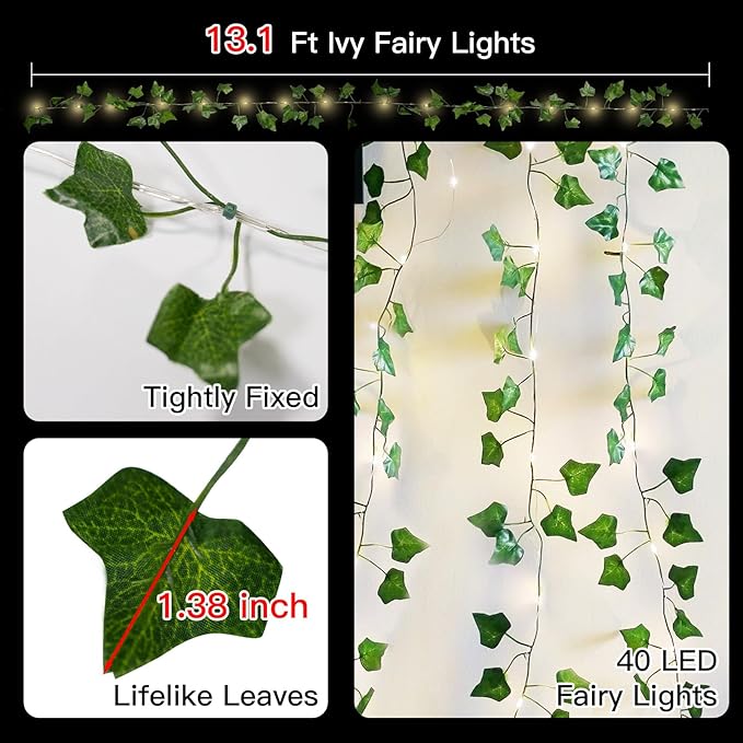 suddus Vine with Fairy Lights Battery Operated, 13.1ft 40 LED Ivy String Light with Remote, Leaf Lights for Bedroom, Room, Wall, Garden, Party, Wedding Decor (Warm White)