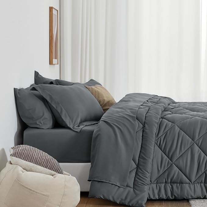 Love's cabin California King Comforter Set Dark Grey, 7 Pieces California King Bed in a Bag, All Season Bedding Sets with 1 Comforter, 1 Flat Sheet, 1 Fitted Sheet, 2 Pillowcase and 2 Pillow Sham
