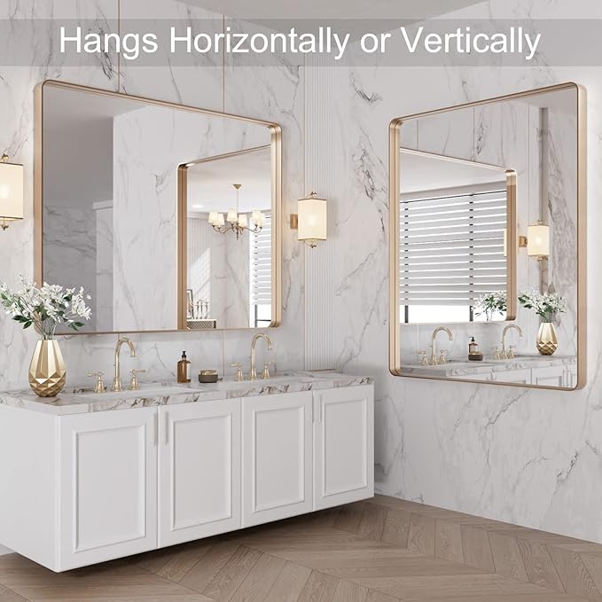 LOAAO 40”X36” Gold Bathroom Mirror, Rounded Rectangle Gold Frame Mirror, Brushed Gold Bathroom Vanity Mirror Wall-Mounted, Anti-Rust, Tempered Glass, Hangs Horizontally or Vertically