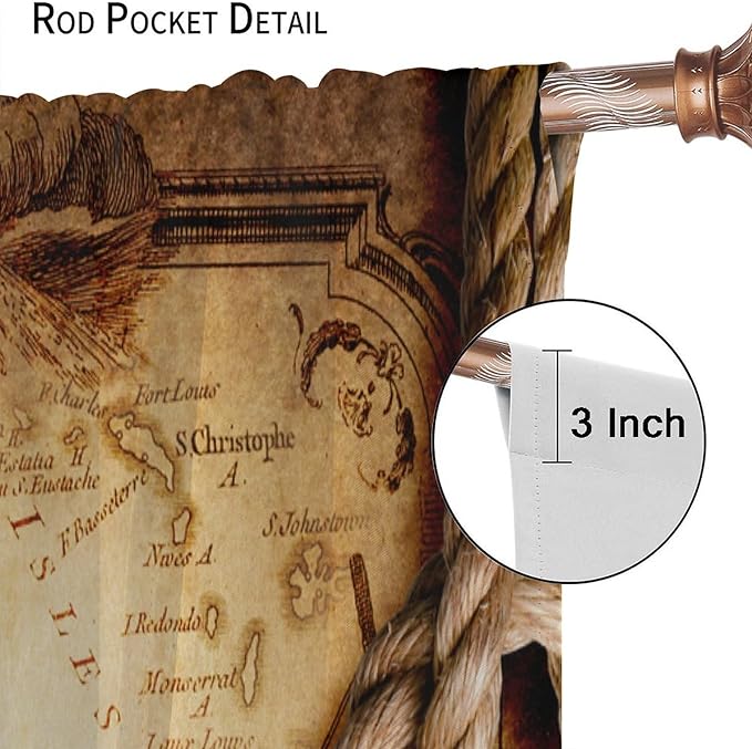 Pirate Map Curtains, Nautical Theme Old Ancient Treasure Map Secret Sea History Pattern Blackout Window Drapes for Kids Boys Bedroom Living Room 42x54 Inch