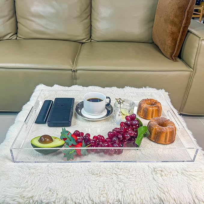 Clear Rectangular 14x20 Inches Acrylic Ottoman Tray Decorative Serving Tray with Cutout Handles Organizer Tray on Coffee Table Countertop Big Breakfast Bed Tray Living Room Appetizer Serving Food