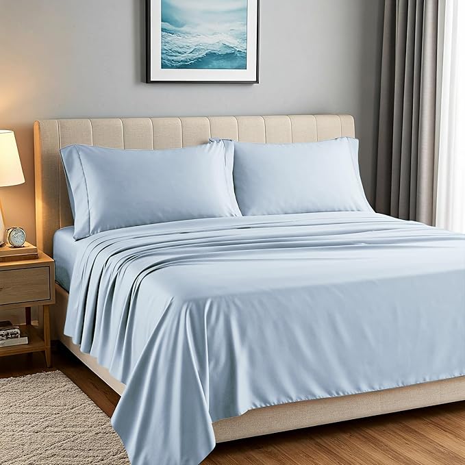 Carressa Linen 100% Egyptian Cotton Sheets Queen Size - 1500 Thread Count 4 PC Queen Sheet Set Egyptian Cotton, Sateen Luxury Sheets Queen Size, High Thread Count Sheets, 19" Deep Pocket - Light Blue