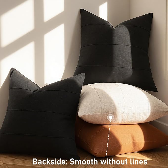 ZWJD Decorative Linen Throw Pillow Covers 24x24 Set of 2 Solid Handcrafted Striped Cushion Covers for Bed Soft Modern Farmhouse Neutral Pillowcase for Couch Bedroom Living Room Home Decor(Black)