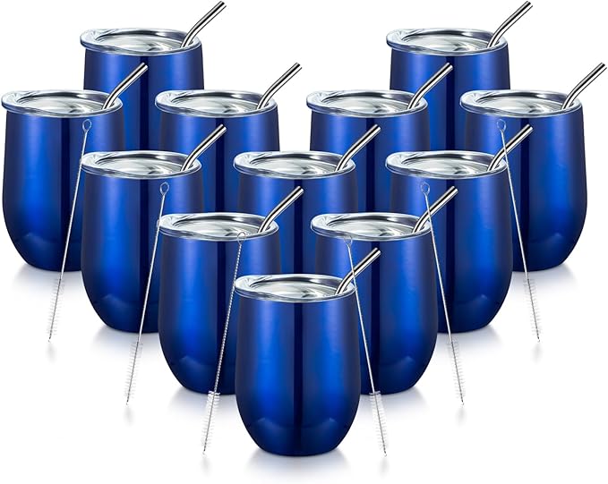 COMOOO Stainless Steel Wine Tumbler with Lid and Straw, 12oz Double Wall Vacuum Insulated Wine Tumbler Cup, Stemless Wine Tumbler for Hot and Cold Drinks, Coffee, Wine, Cocktails, Royal blue, 12 Pack
