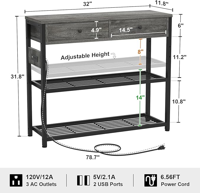 Ecoprsio Entryway Table with Outlets and USB Ports, Small Console Table with 2 Drawers, Sofa Table with Storage Shelves for Living Room, Couch, Hallway, Foyer, Kitchen Counter, 32'', Grey Oak