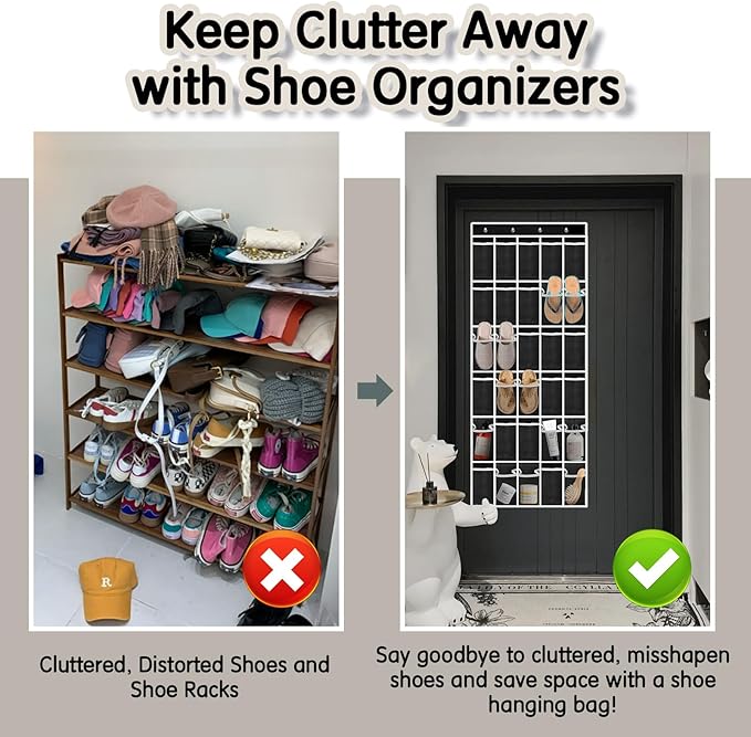 Over the Door Shoe Organizer with 30 Breathable Mesh Pockets - Large Capacity Closet Storage for Men & Women, Hanging Shoe Rack Organizer -Black