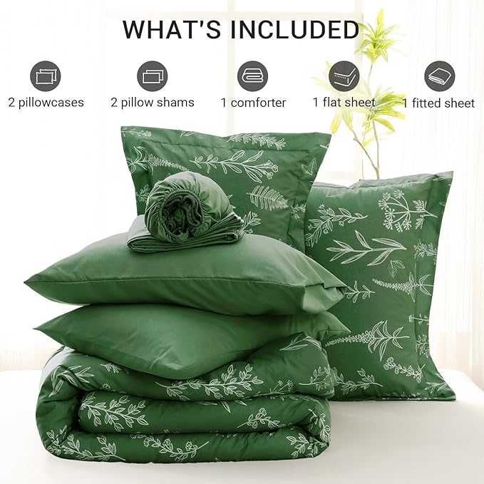 MUXHOMO Dark Green Cal King Comforter Set, Elegant Floral Print Bed in a Bag 7 Pieces, Ultra Soft & Breathable Reversible Botanical Pattern Bedding Set with Comforter, Sheets, Pillowcases, and Shams
