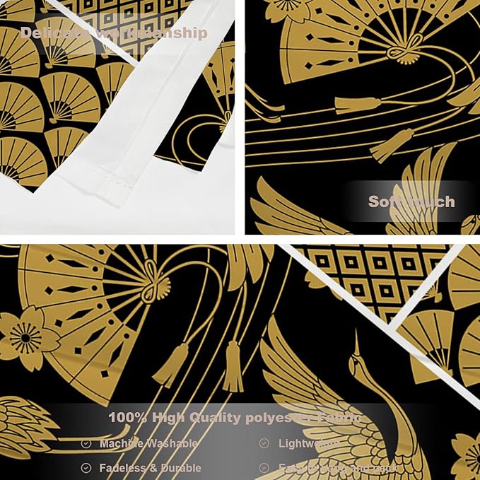 Batmerry Black Oriental Tapestry,Gold Japanese Fan Wall Art Hanging Decoration Polyester Fiber White Ruffled Around for Dorm Room Bedroom Living Room, 59.1x59.1 inches