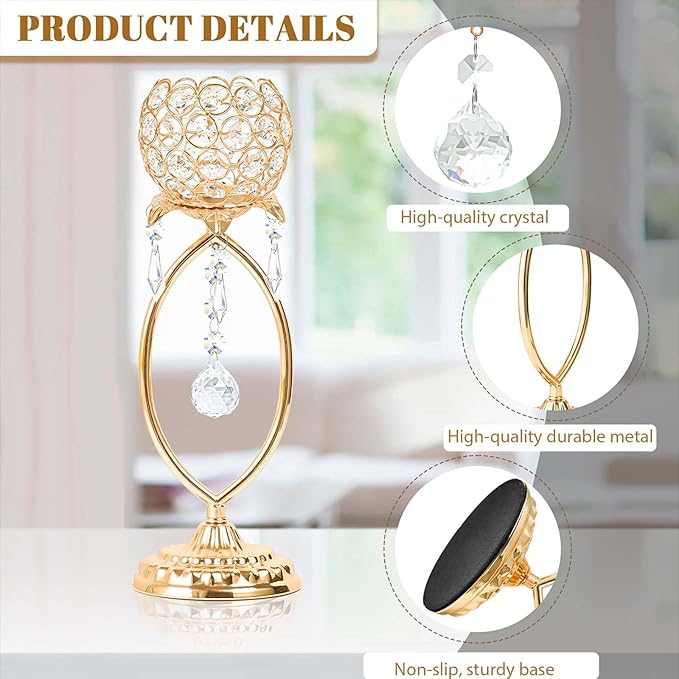 6 Pcs Gold Elegant Metal Crystal Tea Light Candle Holders with Crystal Pendants, Hollow Design - Wedding Table Centerpieces for Anniversary Birthday Party, Home Decor