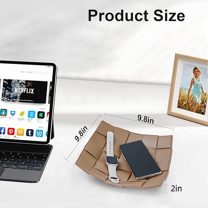 Valet Tray PU Leather Key Holder Bowl for Men and Women Entryway Table Nightstand Catchall Storage Organizer Tray for Wallet, Keys, Jewelry, Coins - Coffee, 9.8" L x 9.8" W x 2" H