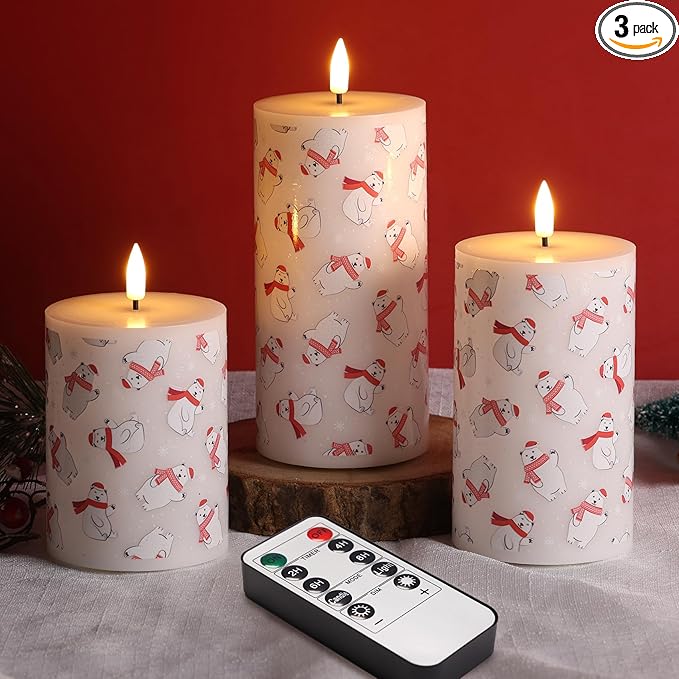 Eywamage Christmas Flameless Pillar Candles with Remote Timer, Battery Powered Bear Candles, Flickering LED Wax Candlles Set of 3