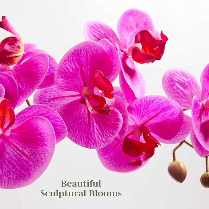 CG Hunter Faux Pink Orchid Plant, Premium Artificial Indoor Flower Display Stands 25-Inches with Beautiful Sculptural Blooms and Foliage That Lasts Forever, Grey Planter Pot Included