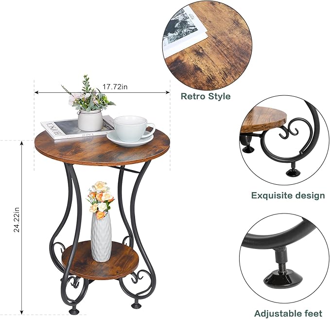 Side Table,Small Round End Table with Lower Shelf for Small Spaces, Portable Couch Sofa Coffee Table,Bedside Nightstand Table with Metal Frame,Retro Accent Drink Table for Living Room Bedroom Balcony
