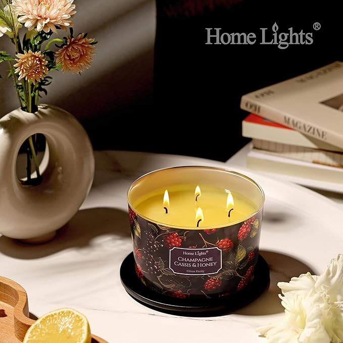 HomeLights Scented Candles for Women & Men, 18oz Candle Jars Aromatherapy 4-Wick Candle, Ideal for Eclectic Mixed Styles Home Decor and Gifts, Champagne Cassis & Honey