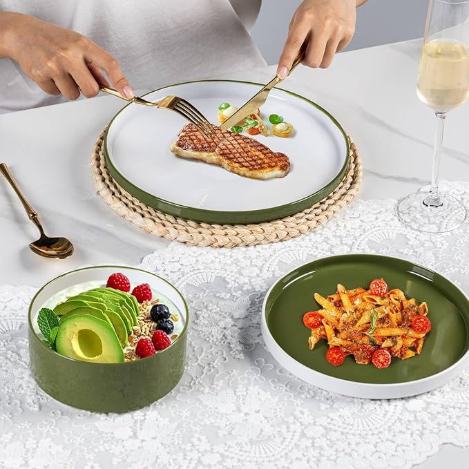 AmorArc Ceramic Dinner Plates Set of 6,10.5 inch Large Stoneware plates for Kitchen, Microwave&Dishwasher Safe,Scratch Resistant-Green