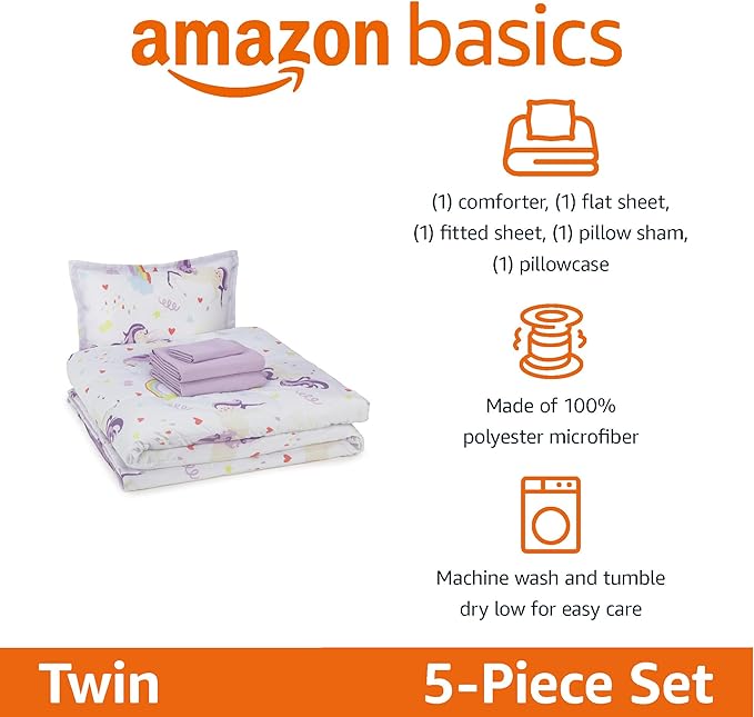 Amazon Basics Microfiber Kid's Bed-in-a-Bag 5 Piece Comforter Bedding Set, Twin, Unicorn Print