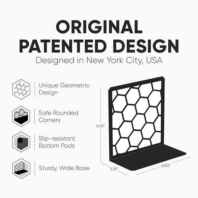 GEOMOD Geometric Honeycomb Black Metal Bookends Decorative - Tall Sturdy Book Ends for Shelves - Modern Heavy Duty Bookend Stopper - Office or Home Book Shelf Book Holder - 6x3.25x6.25 Inches - 2 Pair