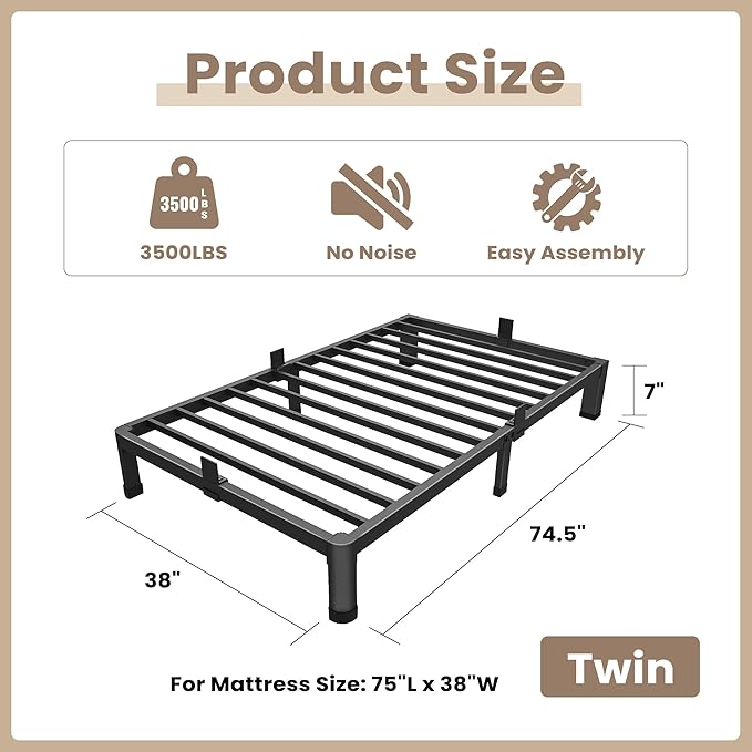 ROIL 7 inch Twin Bed Frames with Round Corner Legs Mattress Retainers 3500LBS Heavy Duty Steel Slats No Box Spring Needed Platform Noise-Free Easy Assembly