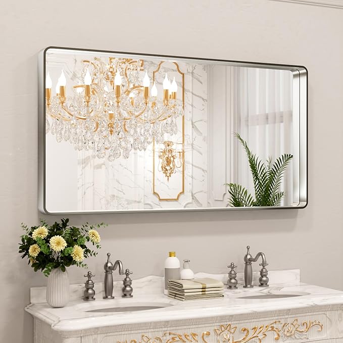 LOAAO 55X30 Inch Brushed Nickel Bathroom Mirror, Rounded Rectangle Silver Metal Frame Mirror, Brushed Nickel, Anti-Rust, Shatter Proof, Hangs Horizontally or Vertically