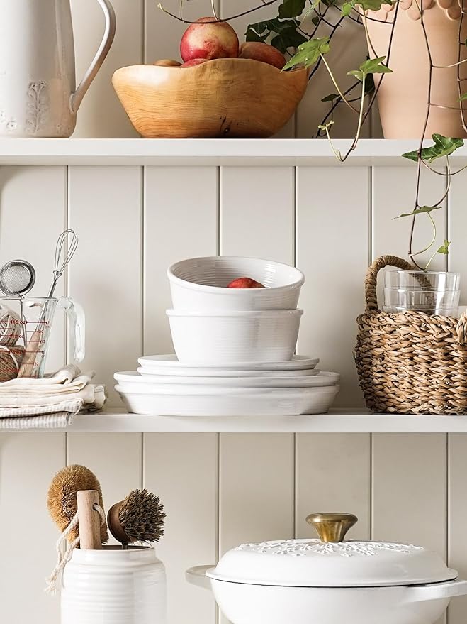 LE TAUCI 12‑Piece Ceramic Plates and Bowls Set, Service for 4 – White Farmhouse Dinnerware Sets with Deeper Plates (10" Dinner, 8" Salad, 6" Bowls), Dishwasher & Microwave Safe Stoneware Dishes