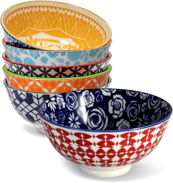 Annovero 10 Oz Ice Cream Bowls - Small Bowl for Serving Dips, Snack, Dessert, Side Dish - Colorful Decorative Porcelain for Kitchen - Microwave, Dishwasher, Oven Safe - Zero Lead & Cadmium, Set of 6