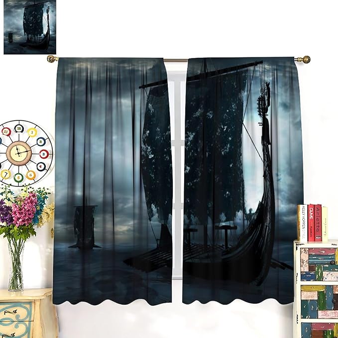 Viking Ship Curtains, Night Scene with Black Vikings Dragon Ship Sailing, Vintage Ancient Scandinavian Nautical Print Blackout Window Drapes for Boys Bedroom Living Room 72x63in