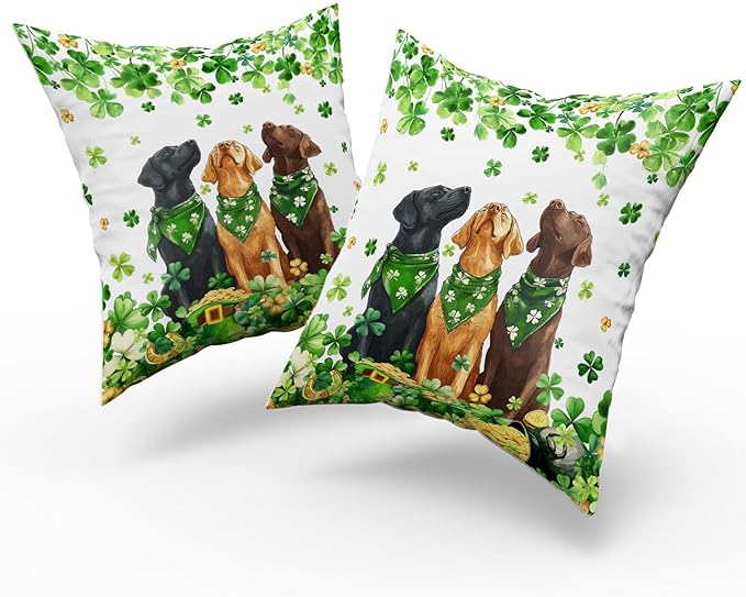 Giwawa Patrick Dogs Pillow Covers Set of 2 20x20inch Lucky Shamrocks Funny Puppy Decorative Square Pillow Cases Spring Clovers Leaf Cotton Throw Cushion Covers for Sofa Couch Patio Bedding