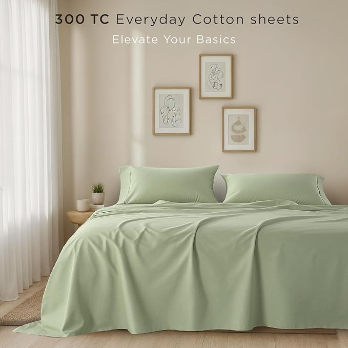 Threadmill Cotton Full Size Sheet set| 100% Cotton Sheets for Full Size Bed | Solid Sateen Full Bed Sheets Set with 16” Elasticized Deep Pocket | Soft Breathable 4-Piece Cooling Sheet Set | Sage Green
