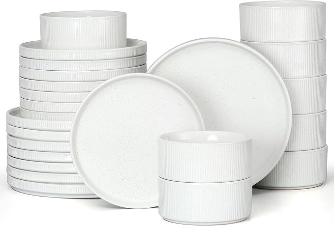 E-far 24-Piece Stoneware Dinnerware Sets, Plates and Bowls Sets for 8, Kitchen Modern Dinning Porcelain Dishes Set, Chip & Scratch Resistant, Dishwasher & Microwave Safe, Speckled White