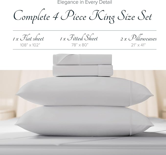 Carressa Linen 100% Egyptian Cotton King Size Sheets Set - Luxury 1500 Thread Count Egyptian Cotton Sheets King Size (4 PC, Light Grey), 17" Deep Pocket, Silky Soft, Cooling Sateen Hotel Bedding