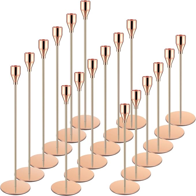 Set of 18 Tall Candlestick Holders Thin Metal Taper Candle Holders for Table Centerpiece Modern Decorative Pillar Candle Sticks Stand for Home Wedding Christmas Decoration(Rose Gold)