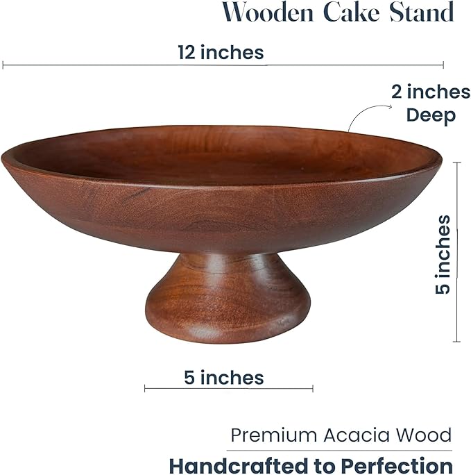 The Fine Living Co. Wooden Fruit Bowl, Large Serving Platter for Dessert, Round Shaped Serving Bowl for Cake, Snacks, Acacia Wood Bowls for Centrepiece, Wedding, Walnut, 12"x2"