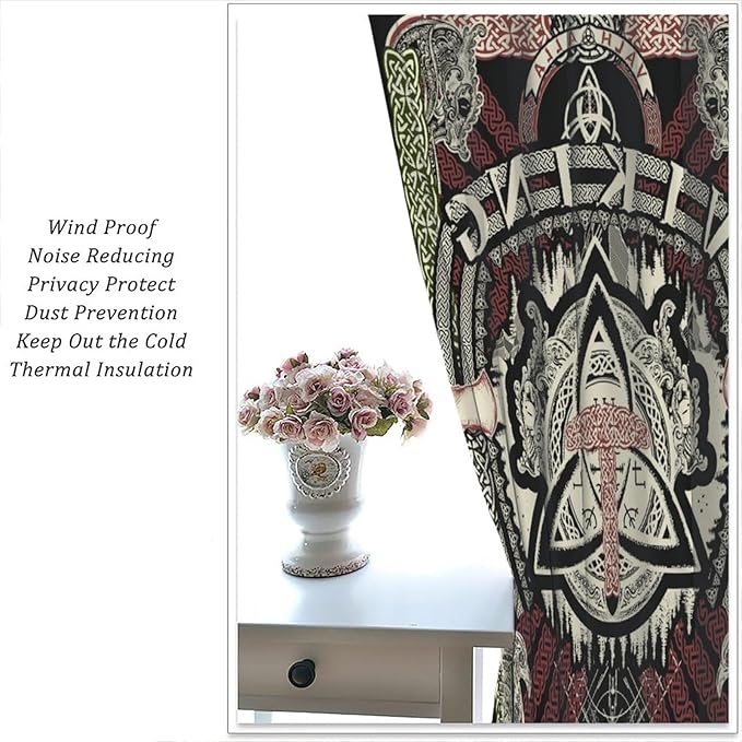 Viking Curtains Nordic Mythology Rune Weapon Antique Viking Pirate Crow Art Pattern Printed Curtains Bedroom Living Room Decoration Blackout Curtains W84 * L84 Inch