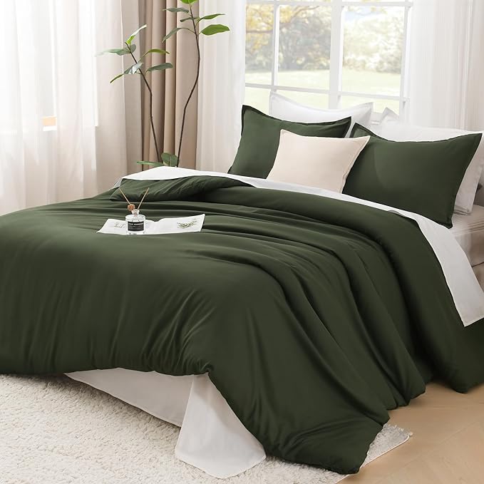 Litanika Comforters Olive Green Oversized Queen Size, 3 Pieces Lightweight Solid Bedding Comforter Set, All Season Fluffy Bed Set (98x98In Comforter & 2 Pillowcases)