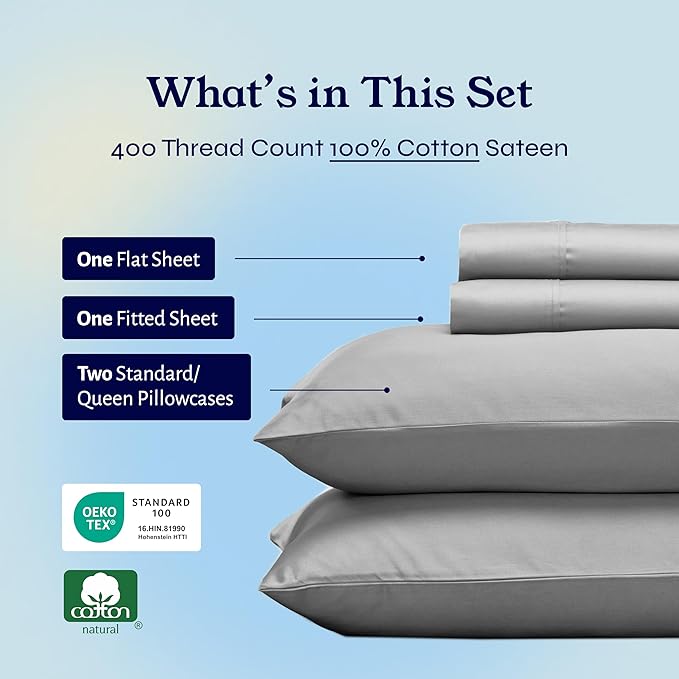 California Design Den Queen Sheets Set - Soft 400 Thread Count Sateen, Natural 100% Cotton Sheets, Deep Pockets with All Around Elastic for a Snug Fit, Cool & Durable Bedding Set - Light Grey