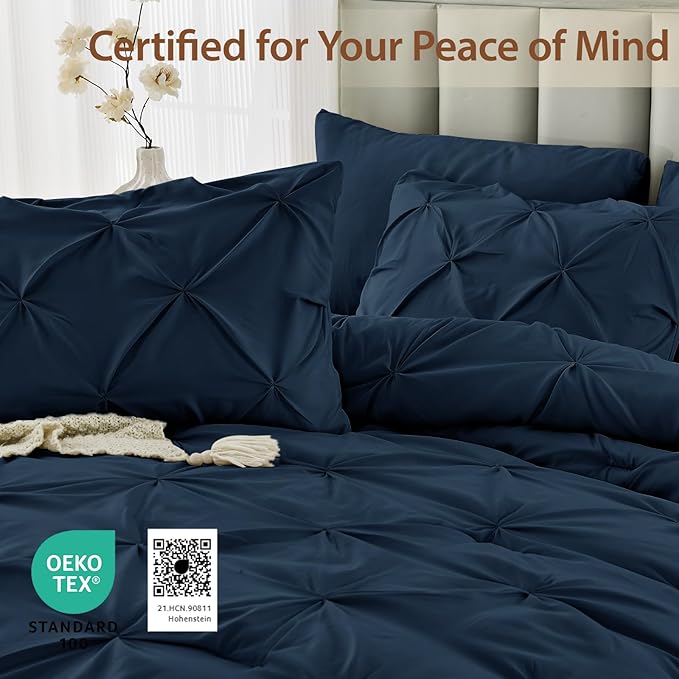 Sasttie Twin Comforter Set, 5-Piece Bed in a Bag, Pintuck Bedding Sets for All Season, Includes Comforter, Flat Sheet, Fitted Sheet, Pillowcase and Pillowsham, Navy