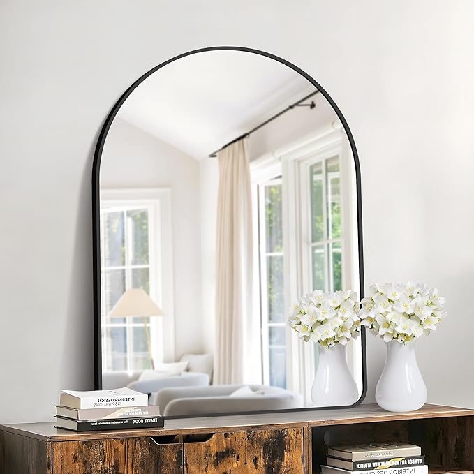 GLASHOM 30"x40" Black Arched Mirror for Bathroom, Wall Mounted Mirror, Aluminum Alloy Brushed Framed Wall Mirror, Anti-Rust, Large Mirror for Over Sink, Bedroom, Entryway (Vertical)