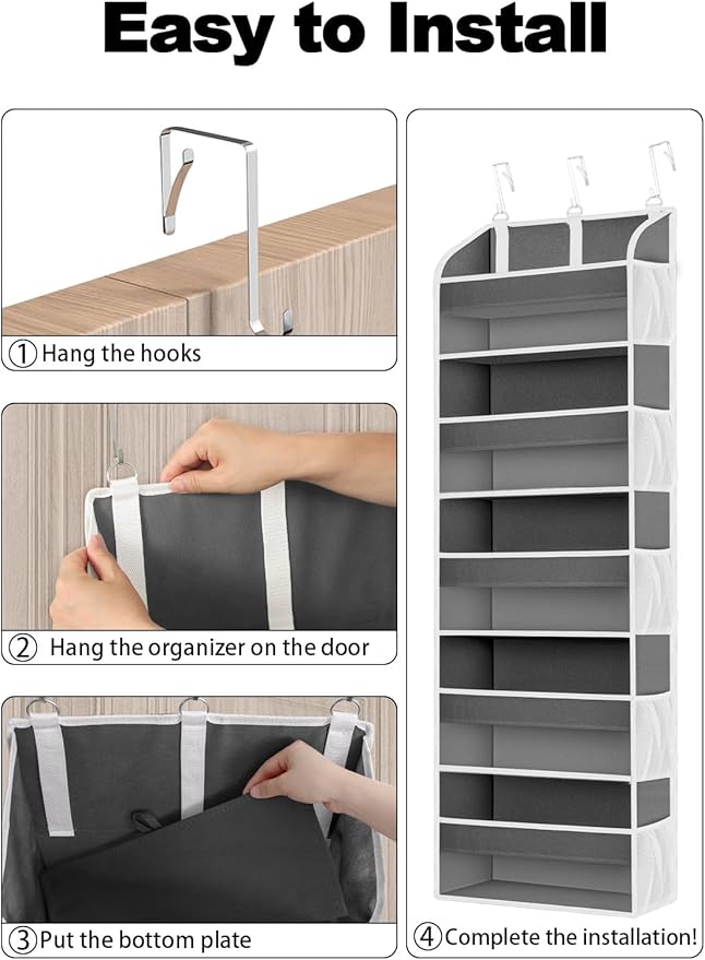 1 Pack Over The Door Organizer Storage, Hanging Organizer Closet with 5 Large Pockets 10 Mesh Pockets, 44 lbs Weight Capacity, Behind Door Storage for Nursery Bedroom Bathroom (Dark Grey)