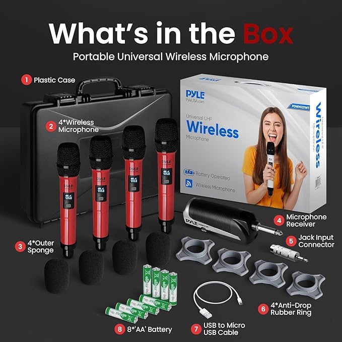 Pyle Portable UHF Band Receiver System, 4 Channel Wireless Microphone System Independent Channel Controls, RF Signal LCD Indicator, Digital Audio Microphone Set with 4 Handheld Microphones