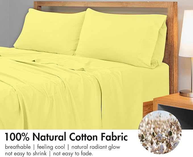 Royale Linens 300 Thread Count 100% Long Staple Combed Cotton Flat Sheet - Super Soft - Top Sheets - Full Flat Sheet Sold Separately - Breathable, Cool & Crisp Percale Sheets Only (Full, Yellow)